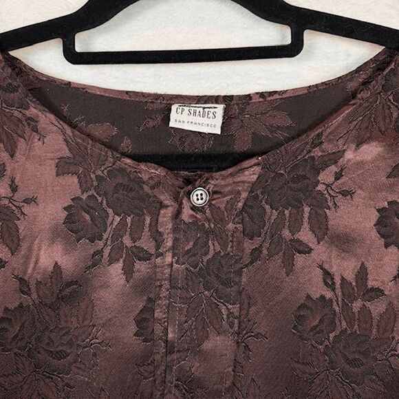 CP Shades Hand Dyed Brown Floral Jacquard Blouse Rayon Satin Size Small - Picture 2 of 10